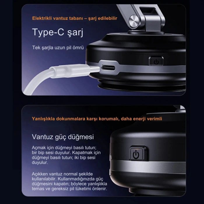 ShopyTech X63 Alüminyum Alaşımlı Manyetik Araç Telefon Tutucu 360° Çok Eksenli Vakum Tabanlı Type-C Şarjlı