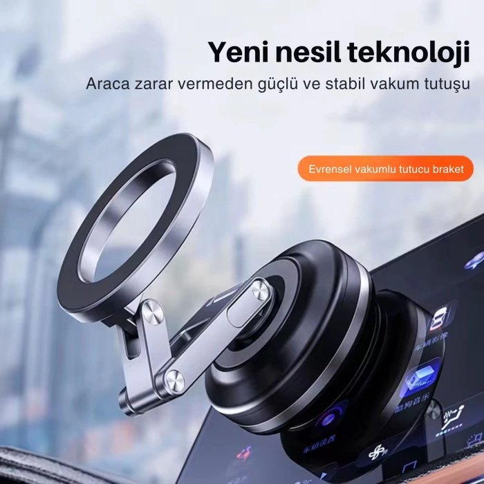 ShopyTech X63 Alüminyum Alaşımlı Manyetik Araç Telefon Tutucu 360° Çok Eksenli Vakum Tabanlı Type-C Şarjlı