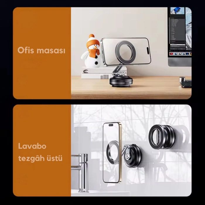 ShopyTech X63 Alüminyum Alaşımlı Manyetik Araç Telefon Tutucu 360° Çok Eksenli Vakum Tabanlı Type-C Şarjlı