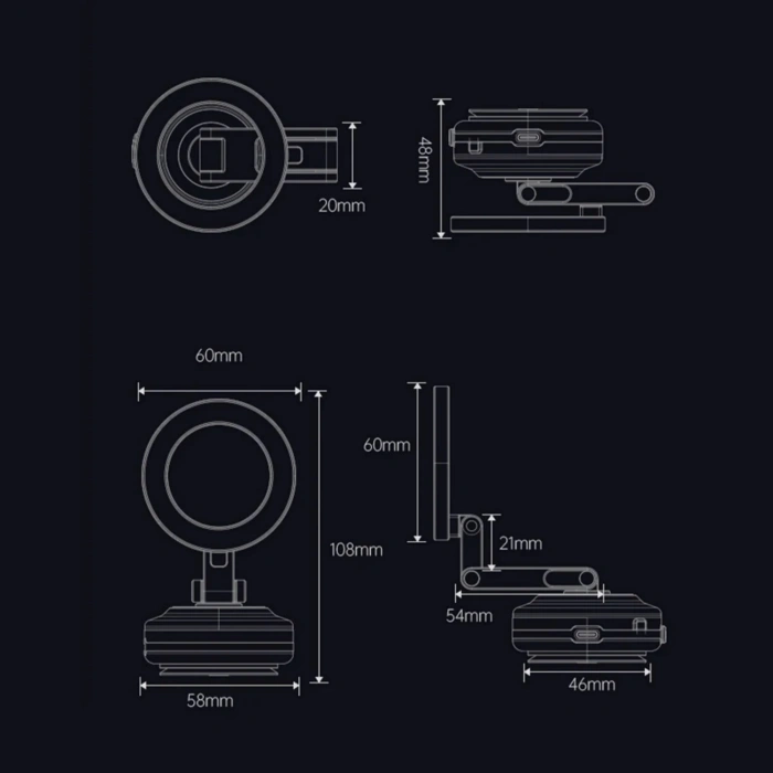 ShopyTech X63 Alüminyum Alaşımlı Manyetik Araç Telefon Tutucu 360° Çok Eksenli Vakum Tabanlı Type-C Şarjlı