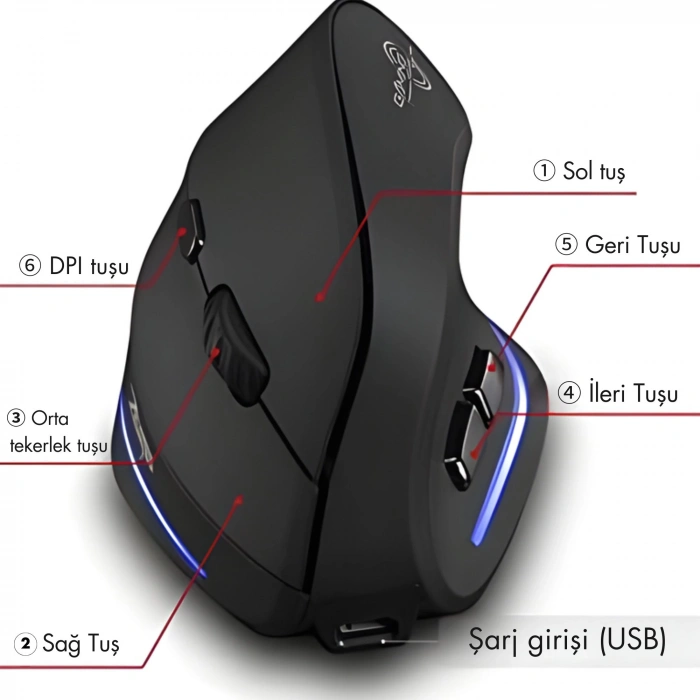 ShopyTech Zelotes F35 Dikey Kablosuz Mouse Ergonomik Şarjlı 2.4G 1000/1600/2400 DPI 6 Tuş