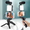 ShopyTech 5i 1 Arada Mikrofonlu LED Işıklı Vlog Kiti Tabanca Tutuşlu Masaüstü Tripod & Selfie Stick|Telefon/Kamera Uyumlu