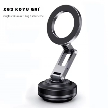 ShopyTech X63 Alüminyum Alaşımlı Manyetik Araç Telefon Tutucu 360° Çok Eksenli Vakum Tabanlı Type-C Şarjlı