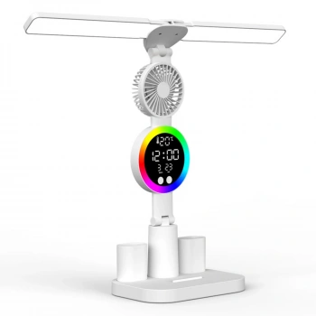 ShopyTech Çift Başlıklı LED Masa Lambası Fanlı Dijital Saatli RGB Ambiyans Dokunmatik Type-C Şarjlı