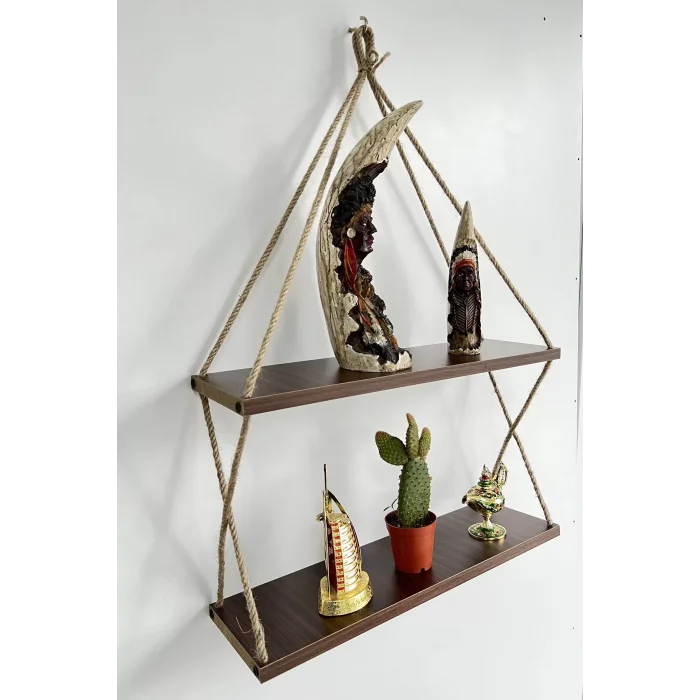 2 Katlı Jüt Keten Halatlı Duvar Rafı Çok Amaçlı Mutfak Banyo Oda Kitaplık Çiçeklik Rafı