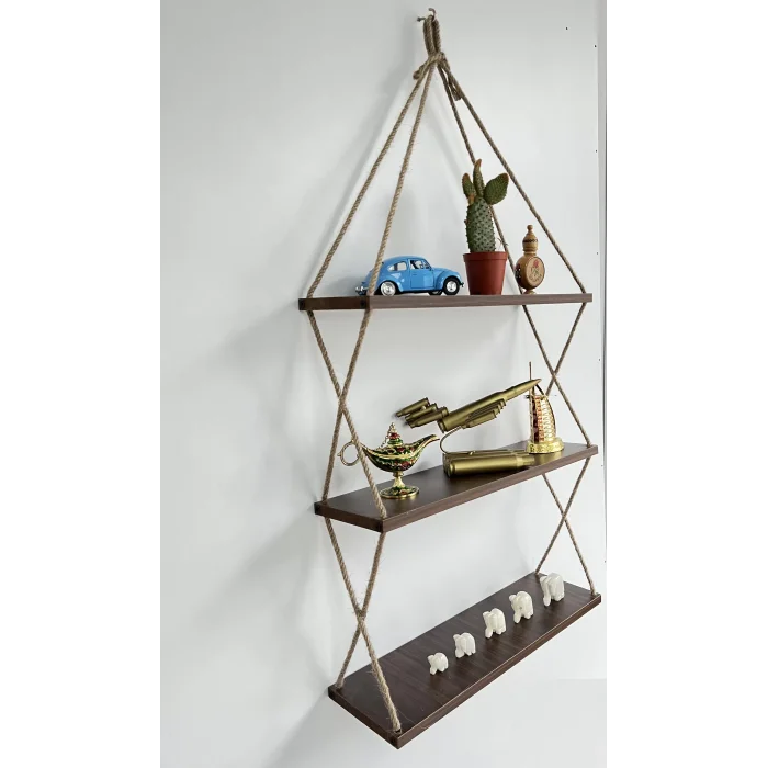 3 Katlı Dekoratif Keten Halatlı Mutfak Banyo Oda Çiçeklik Kitaplık Doğal Çok Amaçlı Duvar Rafı