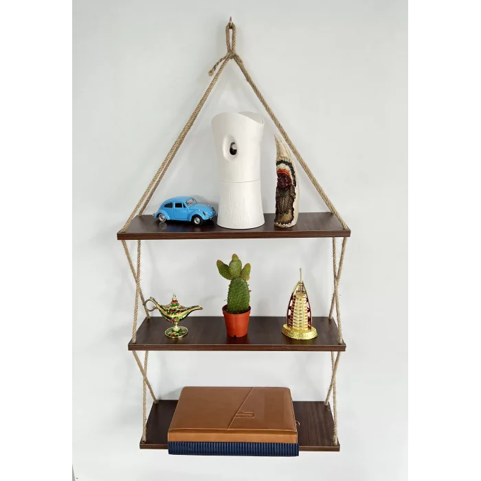 3 Katlı Dekoratif Keten Halatlı Mutfak Banyo Oda Çiçeklik Kitaplık Doğal Çok Amaçlı Duvar Rafı