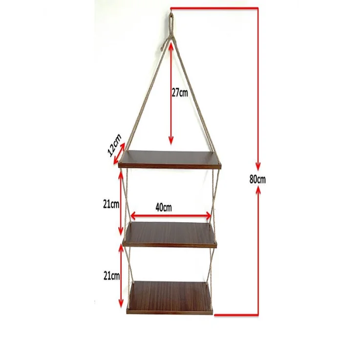 3 Katlı Dekoratif Keten Halatlı Mutfak Banyo Oda Çiçeklik Kitaplık Doğal Çok Amaçlı Duvar Rafı