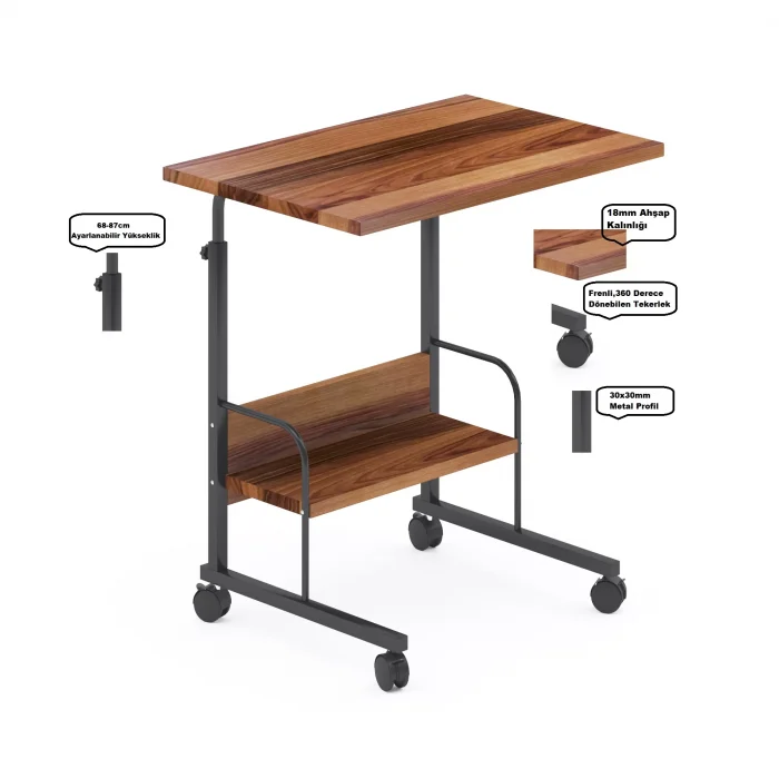 60X40 Raflı Yükseklik Ayarlı Frenli Tekerlekli Laptop Sehpası Çalışma Masası