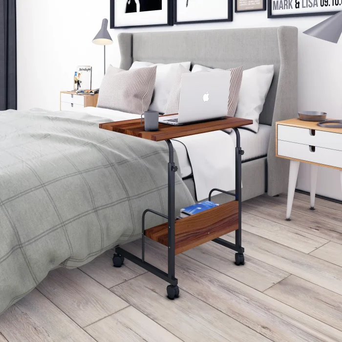 60X40 Raflı Yükseklik Ayarlı Frenli Tekerlekli Laptop Sehpası Çalışma Masası