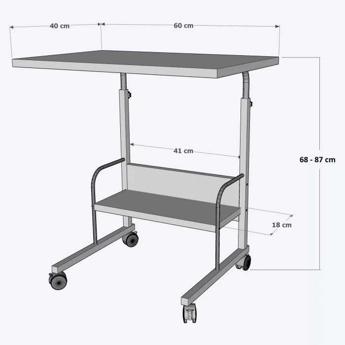 60X40 Raflı Yükseklik Ayarlı Frenli Tekerlekli Laptop Sehpası Çalışma Masası