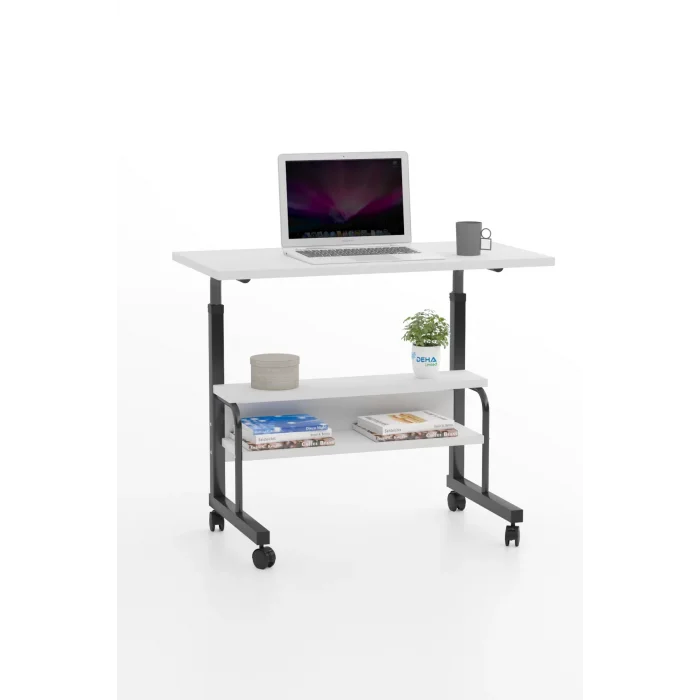 80x40 Yükseklik Ayarlı Raflı Kilitli Tekerlekli Taşınabilir Laptop Sehpası ve Çalışma Masası BEYAZ
