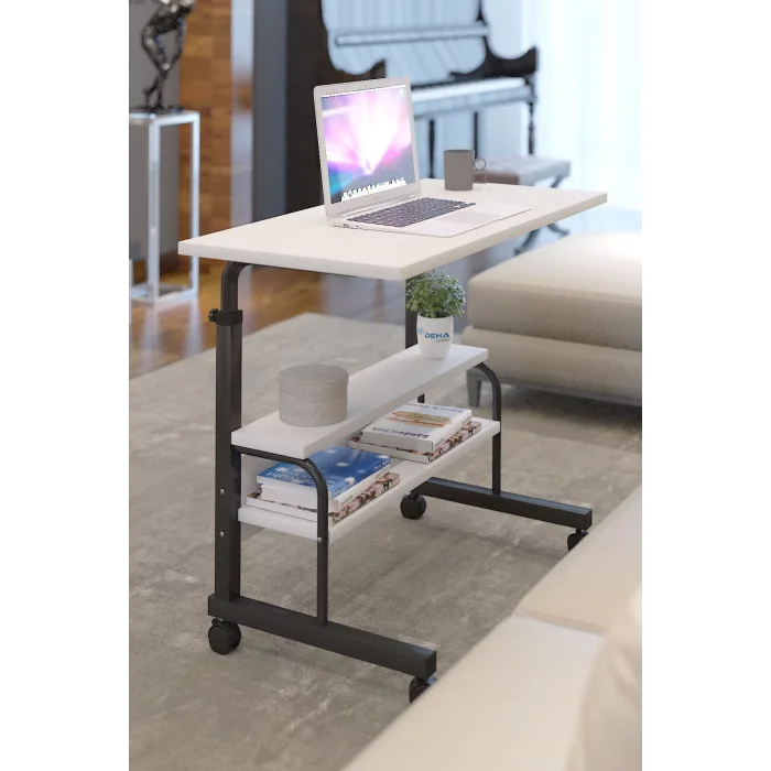 80x40 Yükseklik Ayarlı Raflı Kilitli Tekerlekli Taşınabilir Laptop Sehpası ve Çalışma Masası BEYAZ