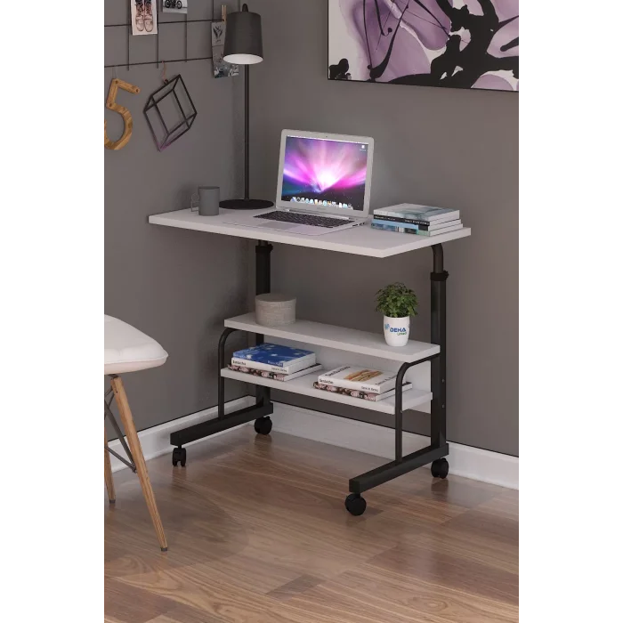 80x40 Yükseklik Ayarlı Raflı Kilitli Tekerlekli Taşınabilir Laptop Sehpası ve Çalışma Masası BEYAZ