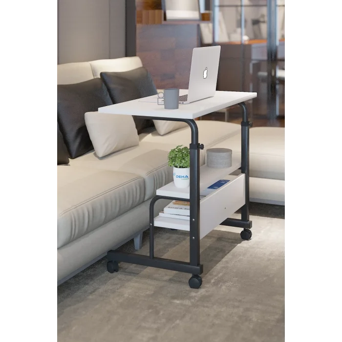 80x40 Yükseklik Ayarlı Raflı Kilitli Tekerlekli Taşınabilir Laptop Sehpası ve Çalışma Masası BEYAZ