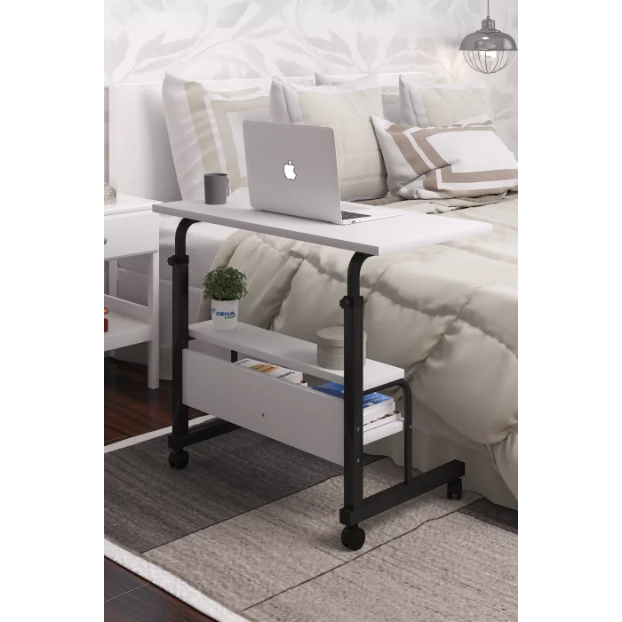 80x40 Yükseklik Ayarlı Raflı Kilitli Tekerlekli Taşınabilir Laptop Sehpası ve Çalışma Masası BEYAZ