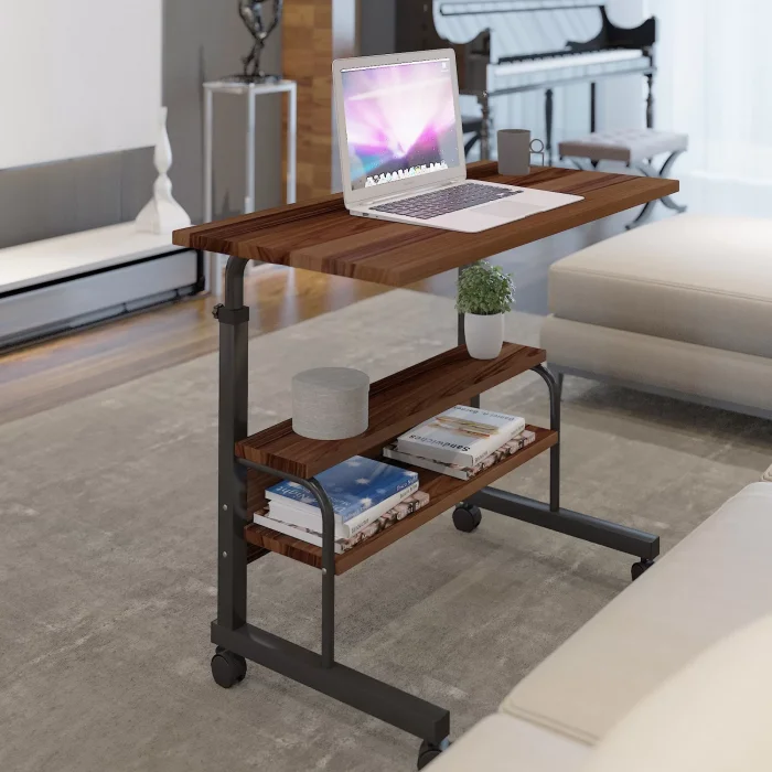 80x40 Yükseklik Ayarlı Raflı Kilitli Tekerlekli Taşınabilir Laptop Sehpası ve Çalışma Masası KAHVERENGİ