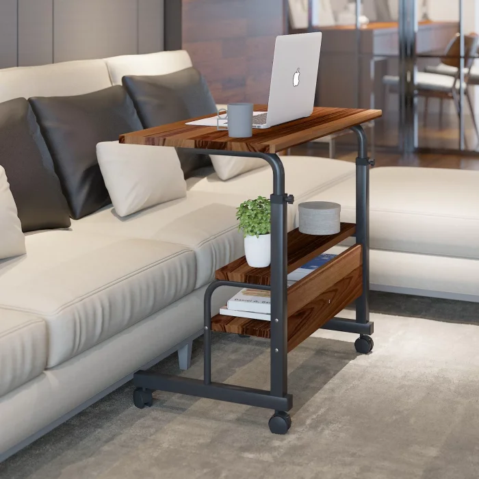 80x40 Yükseklik Ayarlı Raflı Kilitli Tekerlekli Taşınabilir Laptop Sehpası ve Çalışma Masası KAHVERENGİ