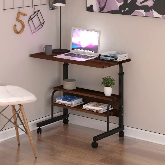 80x40 Yükseklik Ayarlı Raflı Kilitli Tekerlekli Taşınabilir Laptop Sehpası ve Çalışma Masası KAHVERENGİ