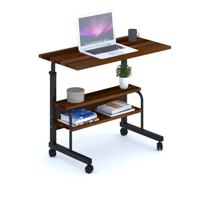 80x40 Yükseklik Ayarlı Raflı Kilitli Tekerlekli Taşınabilir Laptop Sehpası ve Çalışma Masası KAHVERENGİ