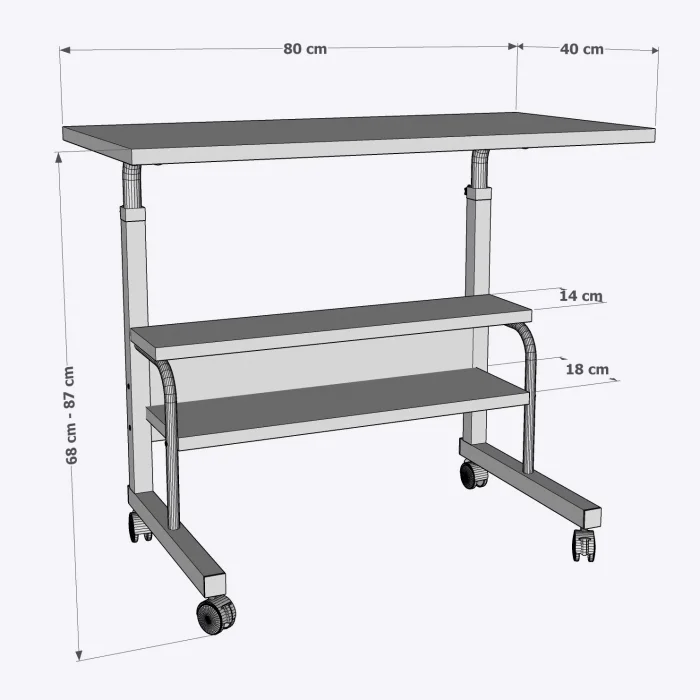 80x40 Yükseklik Ayarlı Raflı Kilitli Tekerlekli Taşınabilir Laptop Sehpası ve Çalışma Masası KAHVERENGİ