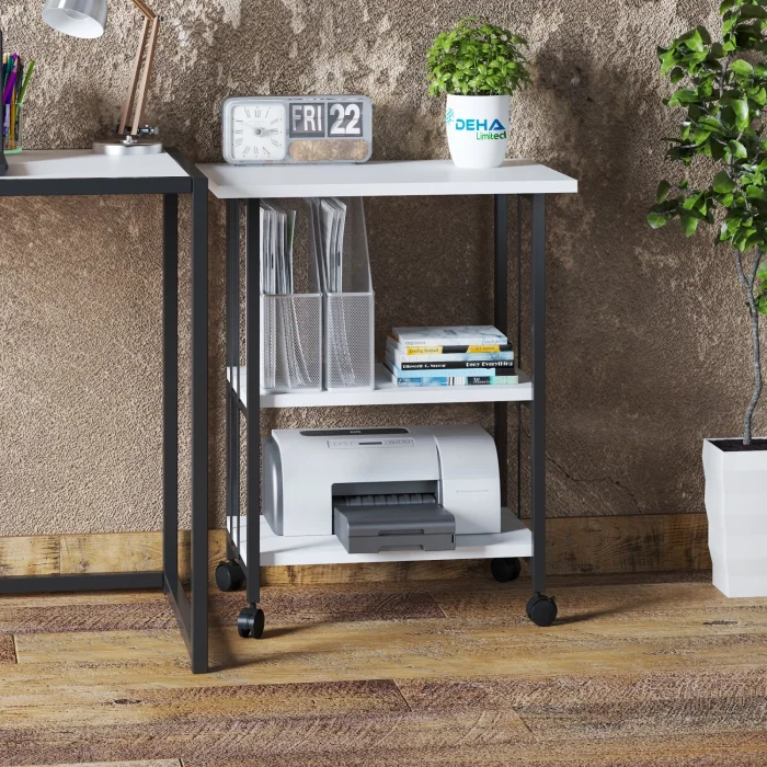 Çok Amaçlı Frenli Tekerlekli 3 Katlı Mutfak Fırınlık Kahve Masası  Yazıcı Sehpası Servis Sunum Arabası BEYAZ