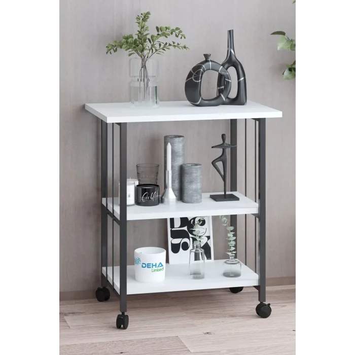 Çok Amaçlı Frenli Tekerlekli 3 Katlı Mutfak Fırınlık Kahve Masası  Yazıcı Sehpası Servis Sunum Arabası BEYAZ