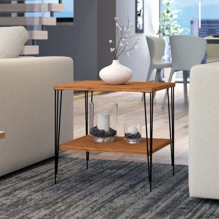 Firkete Siyah Tel Ayaklı Alt Raflı Parlak Bambu Yüzey Yan Sehpa Komodin