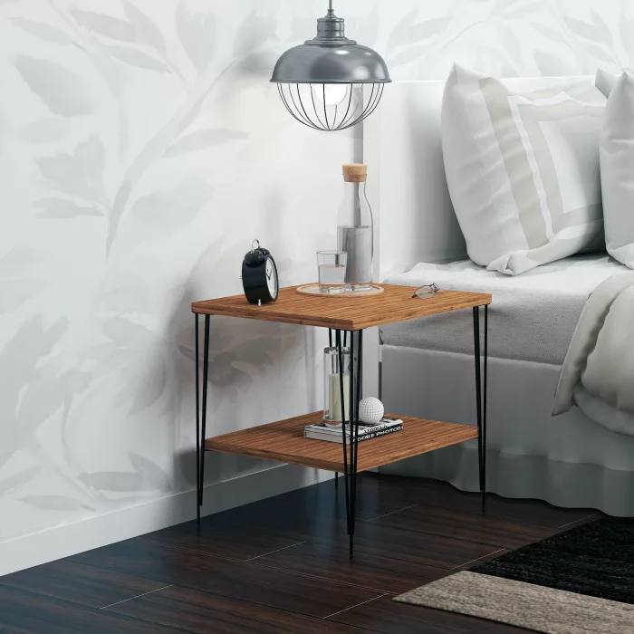 Firkete Siyah Tel Ayaklı Alt Raflı Parlak Bambu Yüzey Yan Sehpa Komodin