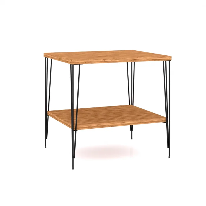 Firkete Siyah Tel Ayaklı Alt Raflı Parlak Bambu Yüzey Yan Sehpa Komodin