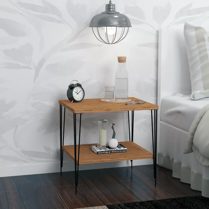 Firkete Siyah Tel Ayaklı Alt Raflı Parlak Bambu Yüzey Yan Sehpa Komodin