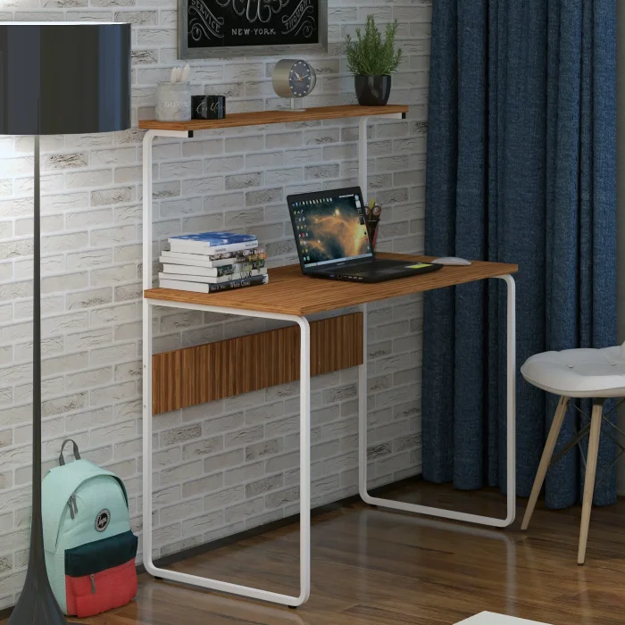 G Masa 100x50 Metal İskeletli Parlak Bambu Yüzey Ders Çalışma ve Bilgisayar Masası