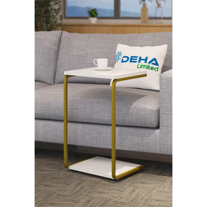 Modern Tasarım İki Katlı Tekerlekli Gold Servis Sehpası  Koltuk Yan C Sehpa Zigon Sehpa Beyaz