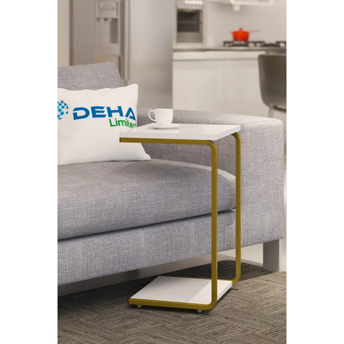 Modern Tasarım İki Katlı Tekerlekli Gold Servis Sehpası  Koltuk Yan C Sehpa Zigon Sehpa Beyaz