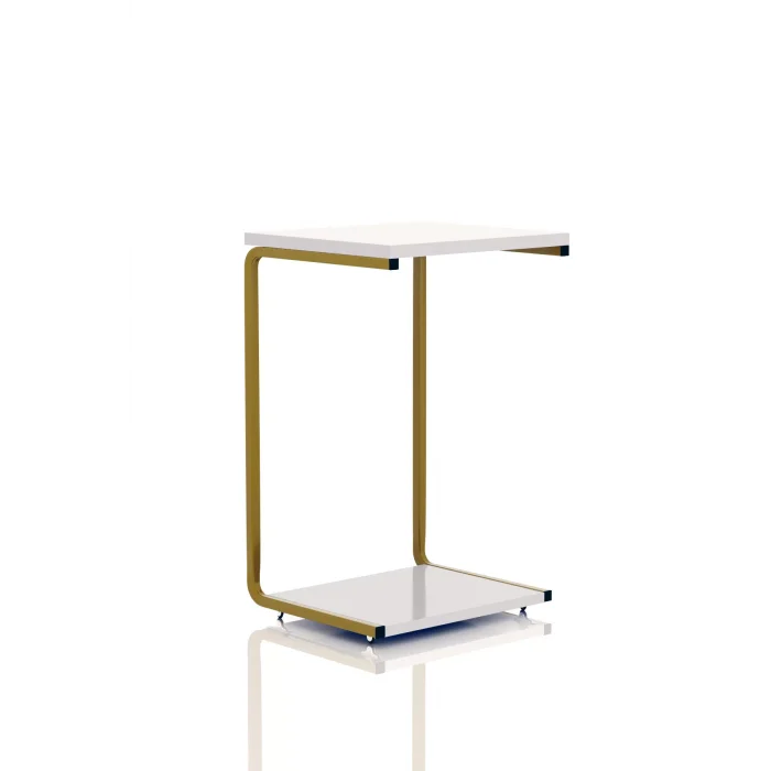 Modern Tasarım İki Katlı Tekerlekli Gold Servis Sehpası  Koltuk Yan C Sehpa Zigon Sehpa Beyaz