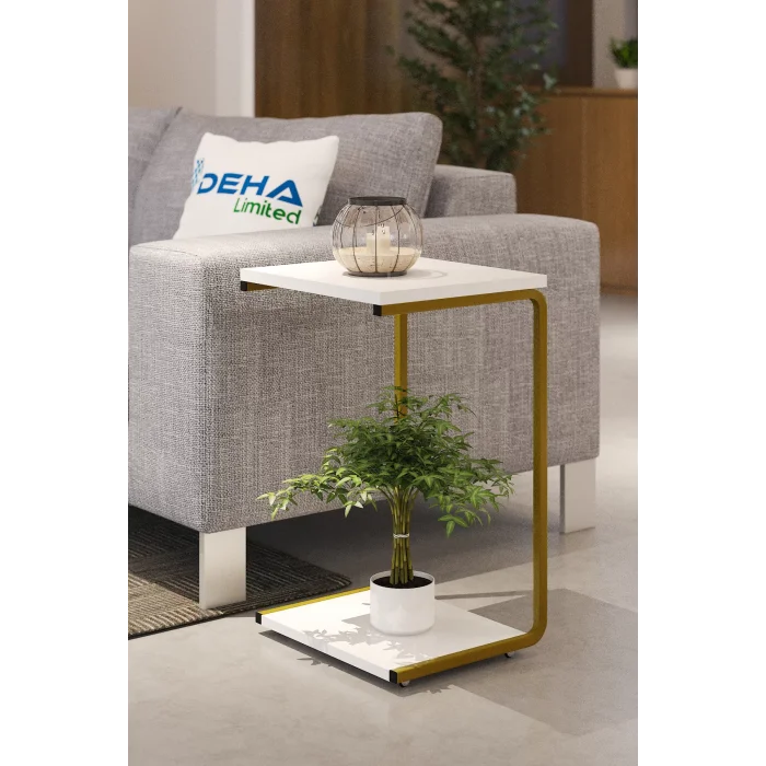 Modern Tasarım İki Katlı Tekerlekli Gold Servis Sehpası  Koltuk Yan C Sehpa Zigon Sehpa Beyaz