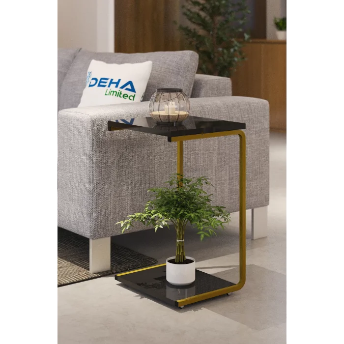 Modern Tasarım İki Katlı Tekerlekli Gold Servis Sehpası Koltuk Yan C Sehpa Zigon Sehpa Siyah