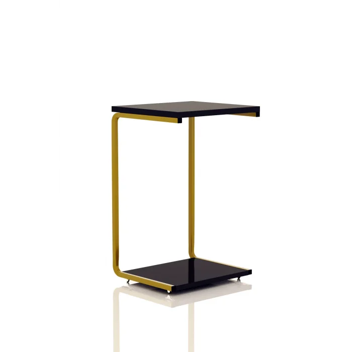Modern Tasarım İki Katlı Tekerlekli Gold Servis Sehpası Koltuk Yan C Sehpa Zigon Sehpa Siyah