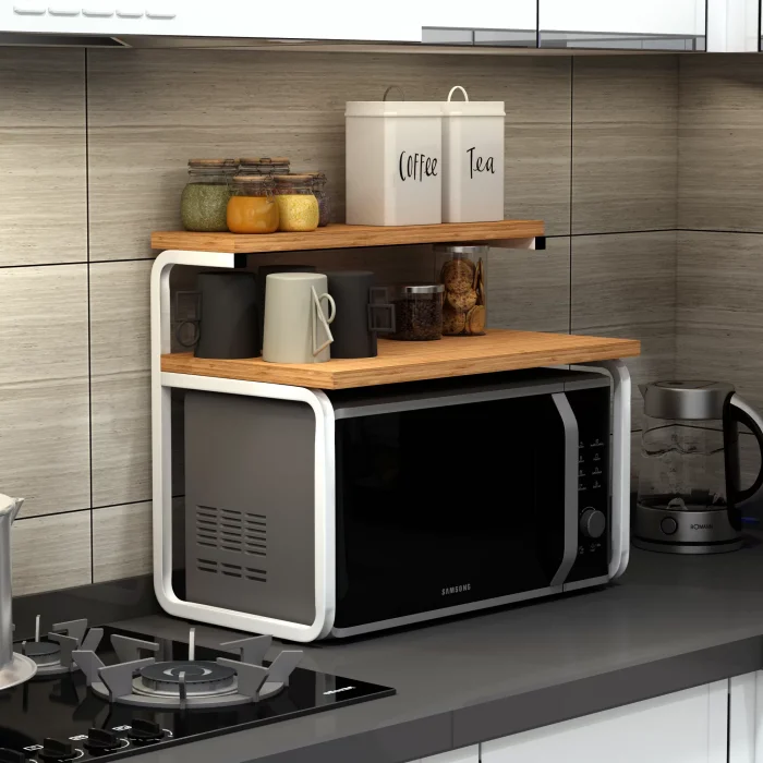 Mutfak Organizer Tezgah Üstü Metal Raflı Mikrodalga Fırın Standı BAMBU