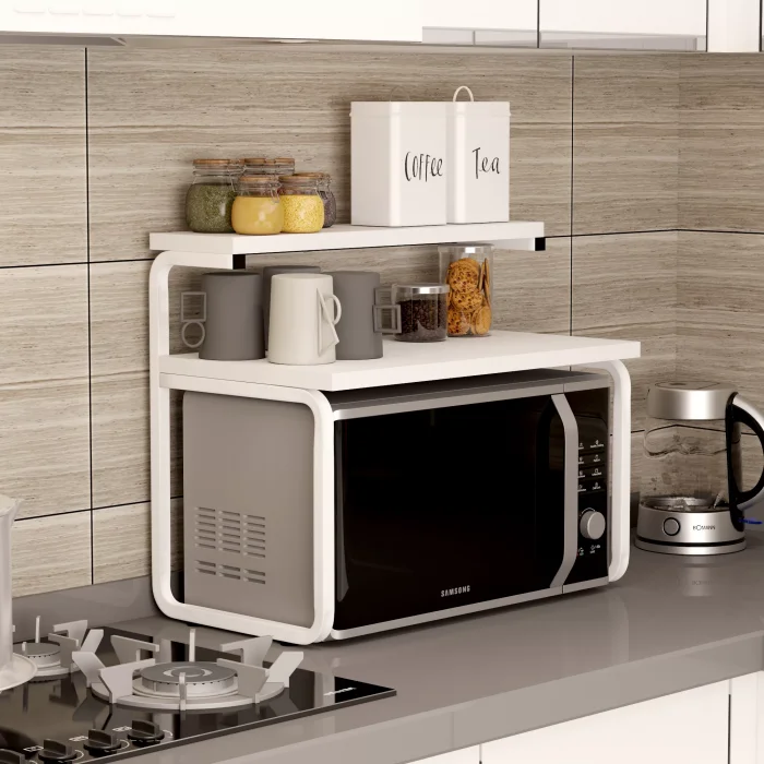 Mutfak Organizer Tezgah Üstü Metal Raflı Mikrodalga Fırın Standı BEYAZ