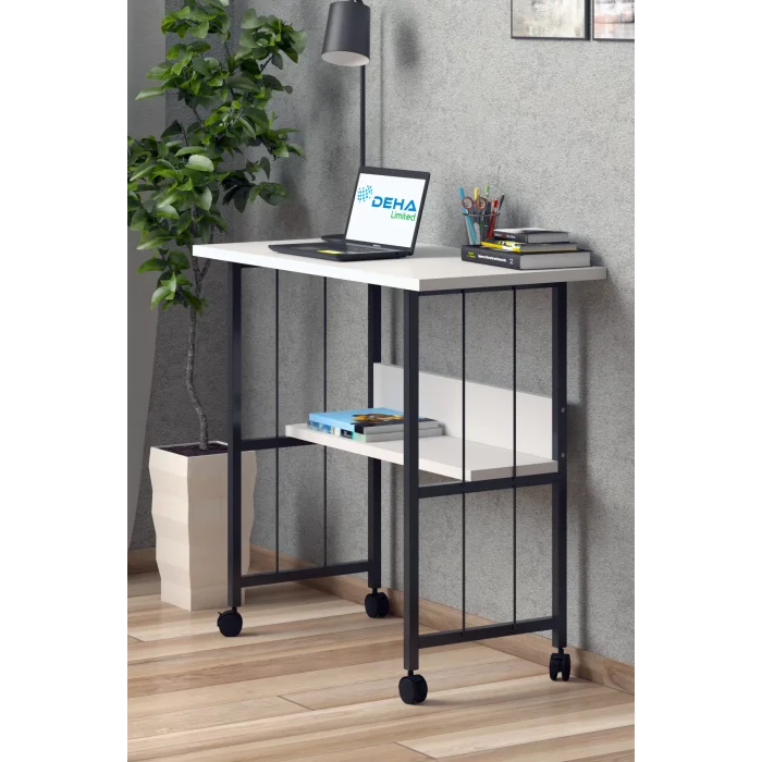 Raflı Frenli Tekerlekli Ofis Ders Laptop Çalışma Masası Metal Ayaklı Mutfak Tekerli Masa