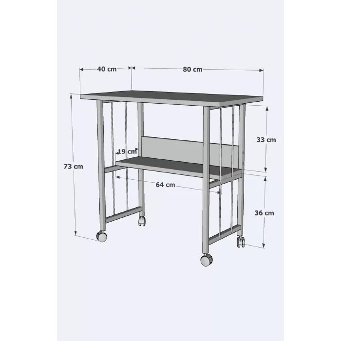 Raflı Frenli Tekerlekli Ofis Ders Laptop Çalışma Masası Metal Ayaklı Mutfak Tekerli Masa