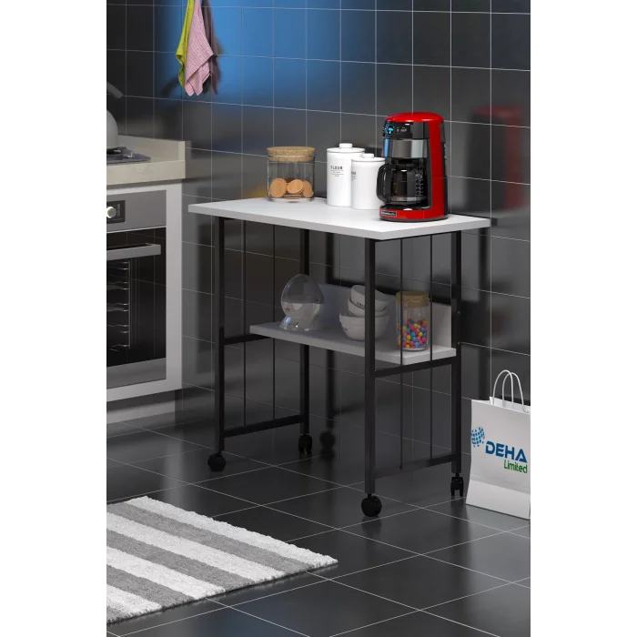 Raflı Frenli Tekerlekli Ofis Ders Laptop Çalışma Masası Metal Ayaklı Mutfak Tekerli Masa