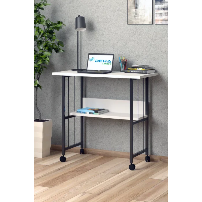 Raflı Frenli Tekerlekli Ofis Ders Laptop Çalışma Masası Metal Ayaklı Mutfak Tekerli Masa