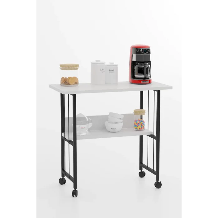 Raflı Frenli Tekerlekli Ofis Ders Laptop Çalışma Masası Metal Ayaklı Mutfak Tekerli Masa