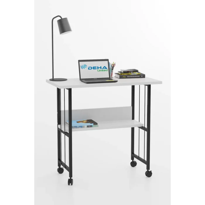 Raflı Frenli Tekerlekli Ofis Ders Laptop Çalışma Masası Metal Ayaklı Mutfak Tekerli Masa