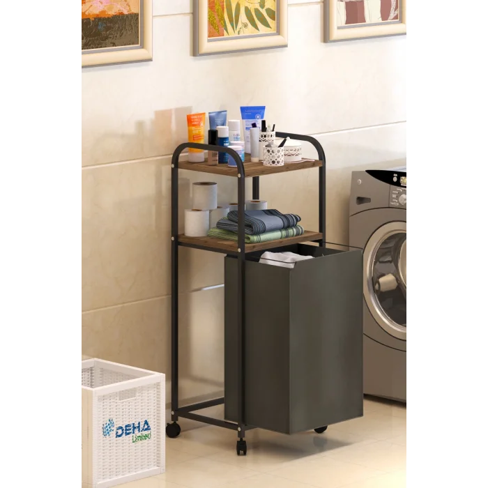 2 RAFLI FRENLİ TEKERLEKLİ ÇAMAŞIR SEPETİ BANYO DOLABI KİRLİ SEPETLİ BANYO DÜZENLEYİCİ ÇAMAŞIRLIK