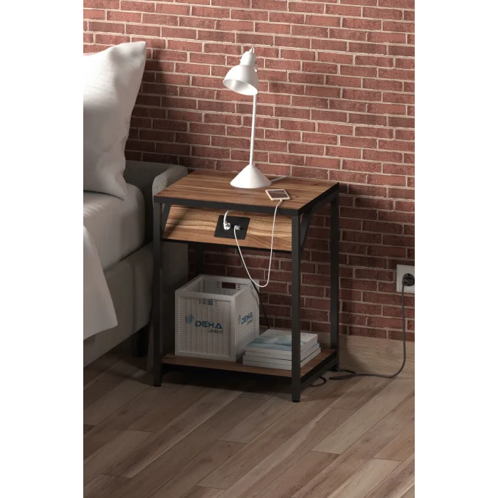 220Volt Priz’li ve Usb Type C Şarj Modüllü Koltuk Yanı Yan Sehpa Komidin Elektrikli Akıllı Sehpa