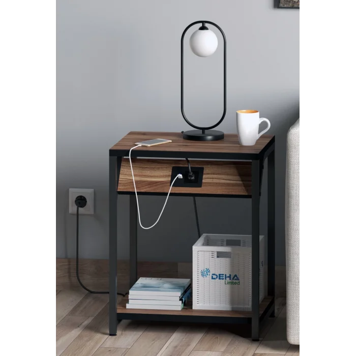 220Volt Priz’li ve Usb Type C Şarj Modüllü Koltuk Yanı Yan Sehpa Komidin Elektrikli Akıllı Sehpa