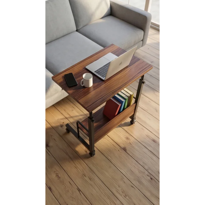 60X40 Raflı Yükseklik Ayarlı Frenli Tekerlekli Laptop Sehpası Çalışma Masası